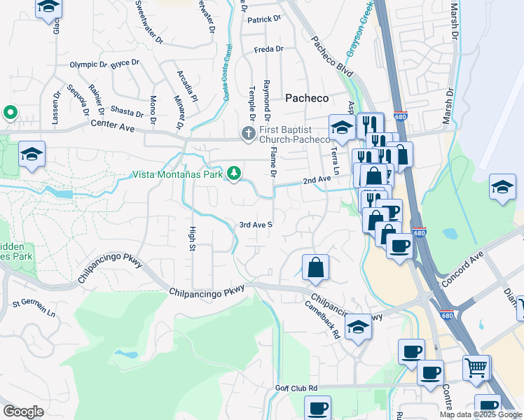 map of restaurants, bars, coffee shops, grocery stores, and more near 319 Scarlet Oak Court in Pleasant Hill