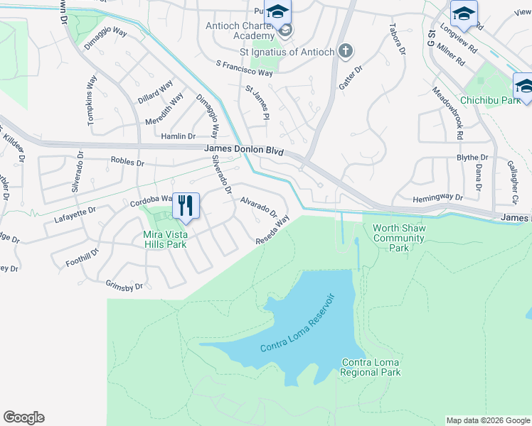 map of restaurants, bars, coffee shops, grocery stores, and more near 2039 Alvarado Drive in Antioch
