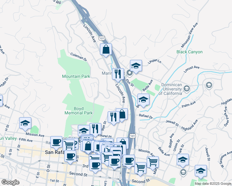 map of restaurants, bars, coffee shops, grocery stores, and more near 62 Prospect Drive in San Rafael