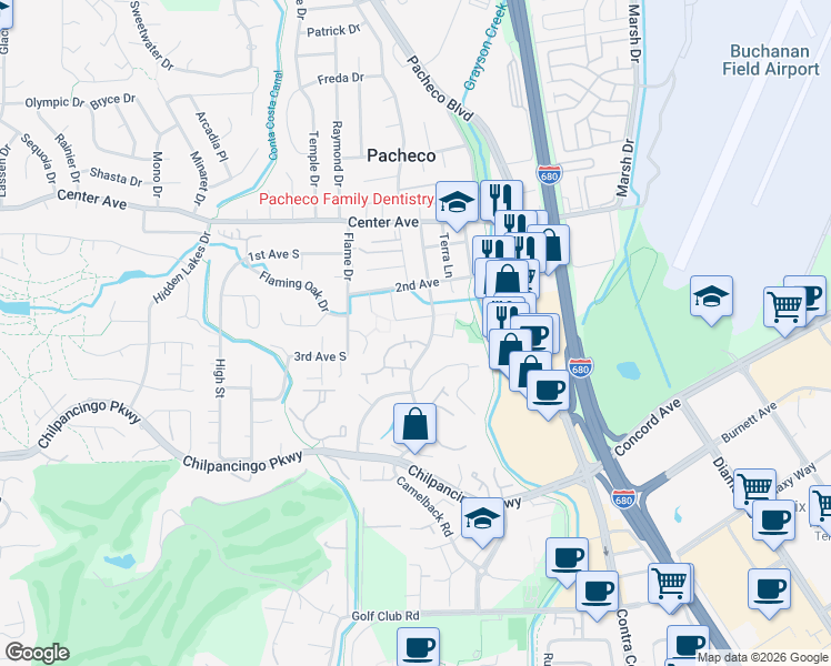 map of restaurants, bars, coffee shops, grocery stores, and more near 825 Camelback Place in Pleasant Hill