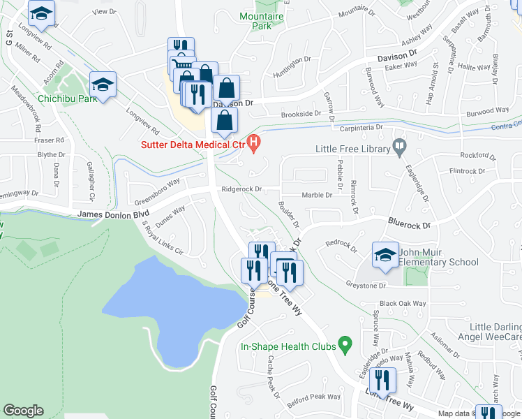 map of restaurants, bars, coffee shops, grocery stores, and more near 4009 Del Favero Drive in Antioch