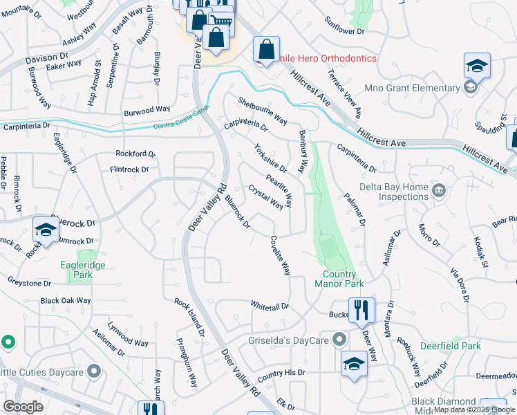 map of restaurants, bars, coffee shops, grocery stores, and more near 2497 Covelite Way in Antioch