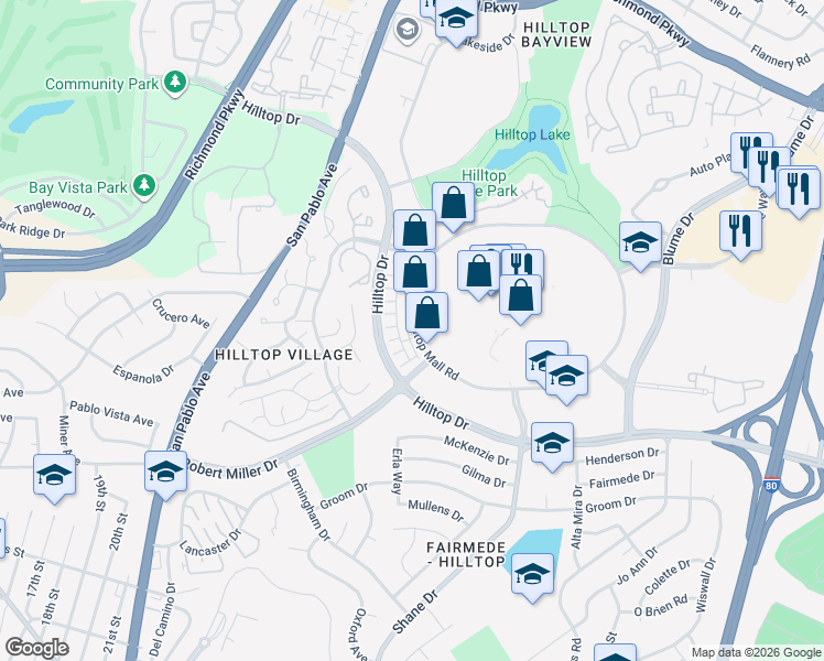 map of restaurants, bars, coffee shops, grocery stores, and more near 2868 Hilltop Mall Road in Richmond