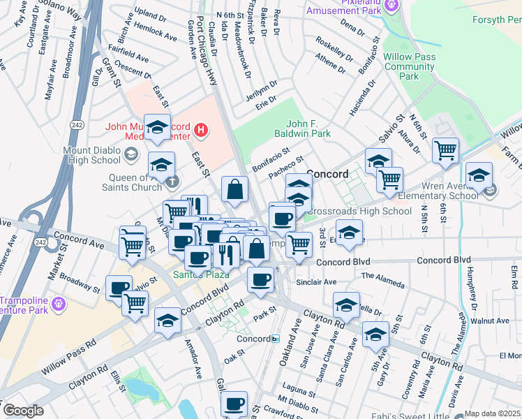 map of restaurants, bars, coffee shops, grocery stores, and more near in Concord