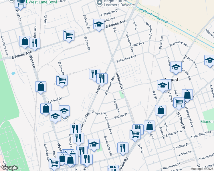 map of restaurants, bars, coffee shops, grocery stores, and more near 2235 North Funston Avenue in Stockton