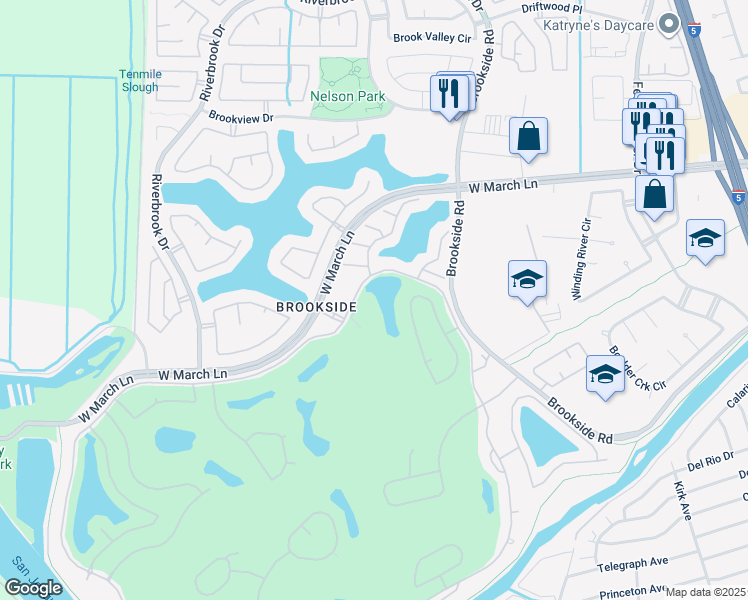 map of restaurants, bars, coffee shops, grocery stores, and more near 3635 Saint Andrews Drive in Stockton