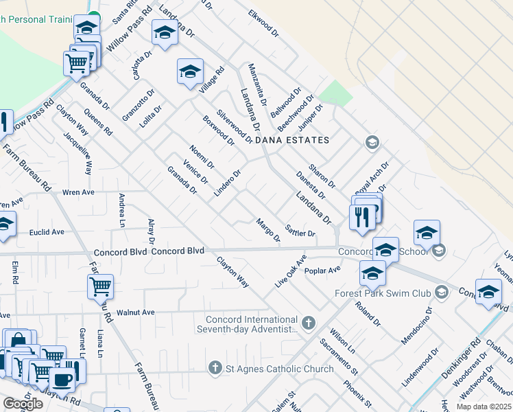 map of restaurants, bars, coffee shops, grocery stores, and more near 1790 Margo Drive in Concord