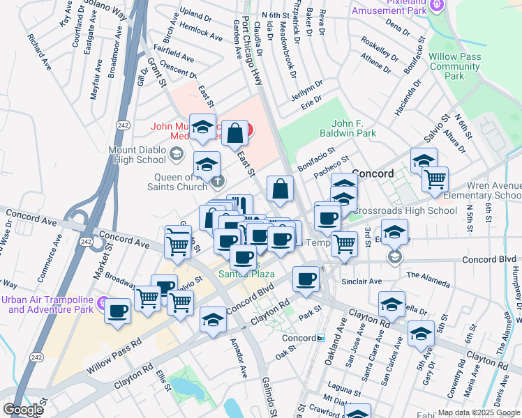 map of restaurants, bars, coffee shops, grocery stores, and more near 2109 East Street in Concord
