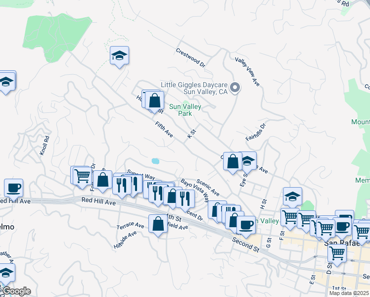 map of restaurants, bars, coffee shops, grocery stores, and more near 7 Robert Court in San Rafael