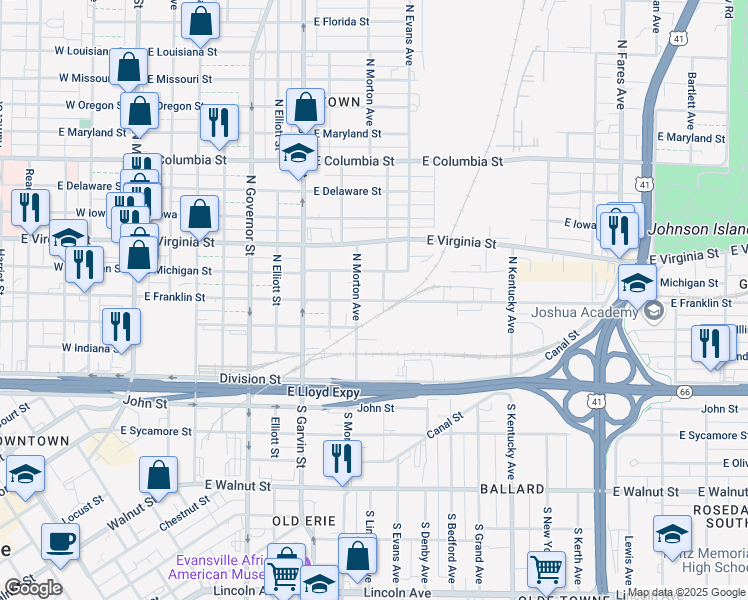 map of restaurants, bars, coffee shops, grocery stores, and more near 716 E Franklin St in Evansville