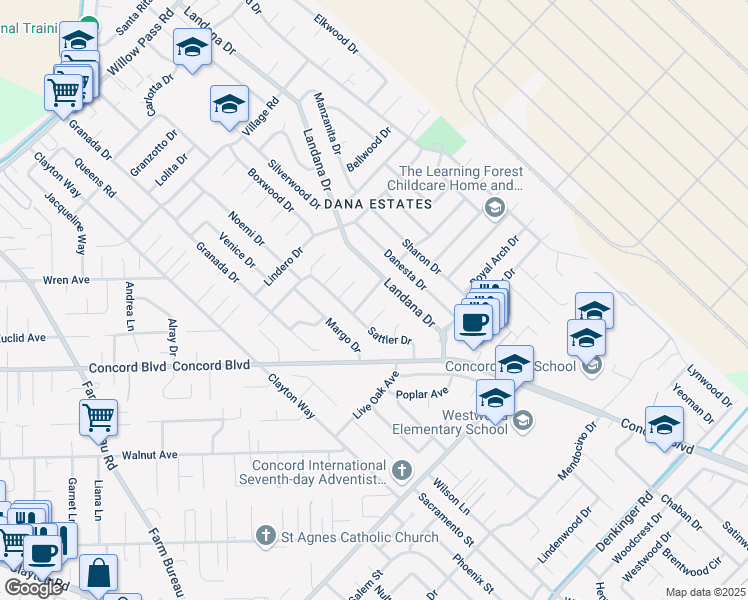map of restaurants, bars, coffee shops, grocery stores, and more near 3730 Cottonwood Drive in Concord