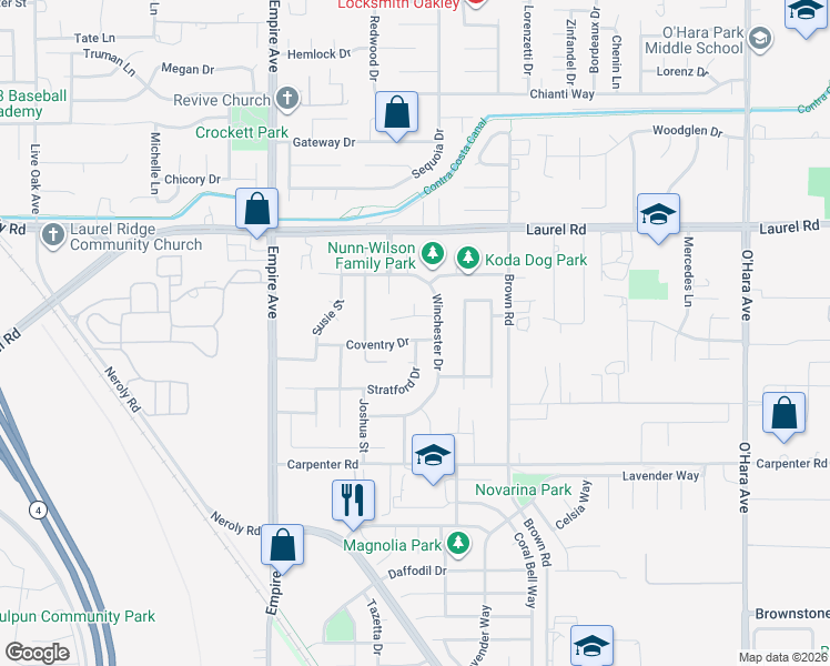 map of restaurants, bars, coffee shops, grocery stores, and more near 1512 Coventry Drive in Oakley