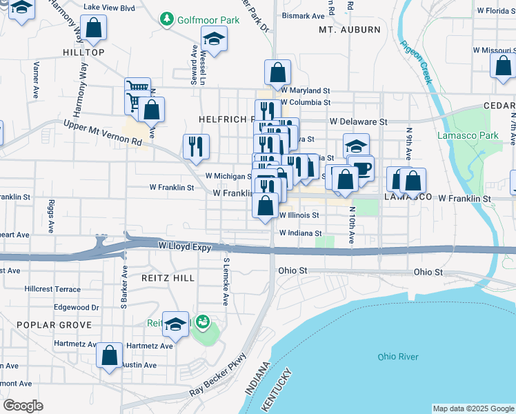 map of restaurants, bars, coffee shops, grocery stores, and more near 2419 West Illinois Street in Evansville