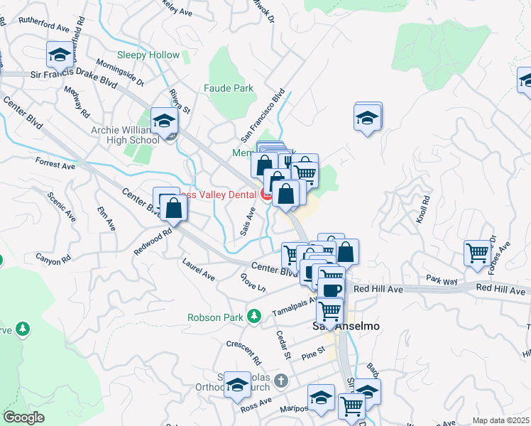 map of restaurants, bars, coffee shops, grocery stores, and more near 60 Nokomis Ave in San Anselmo