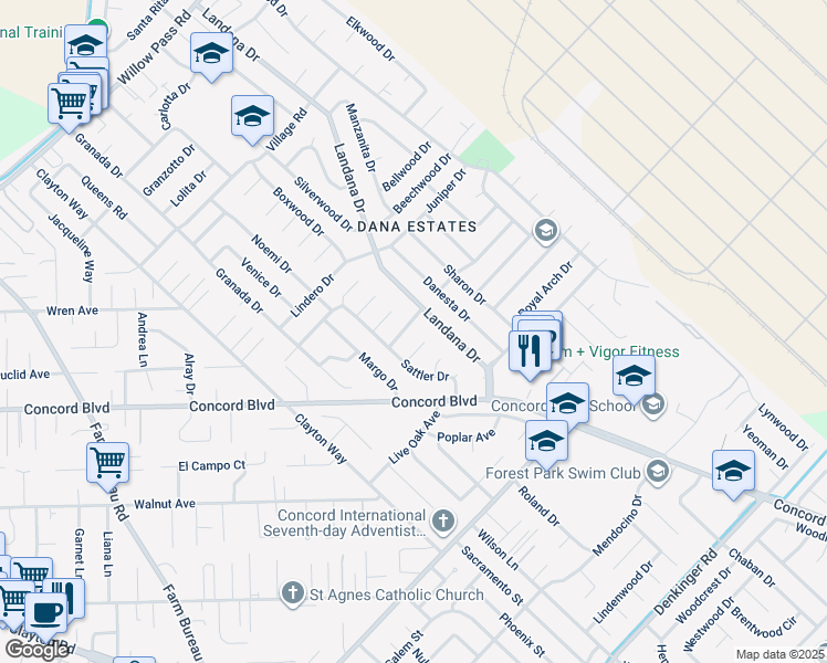 map of restaurants, bars, coffee shops, grocery stores, and more near 3730 Cottonwood Drive in Concord