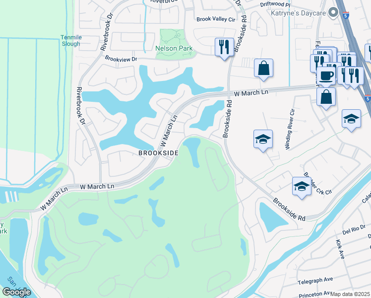 map of restaurants, bars, coffee shops, grocery stores, and more near 3635 Saint Andrews Drive in Stockton