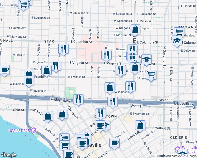 map of restaurants, bars, coffee shops, grocery stores, and more near 233 Harriet Street in Evansville