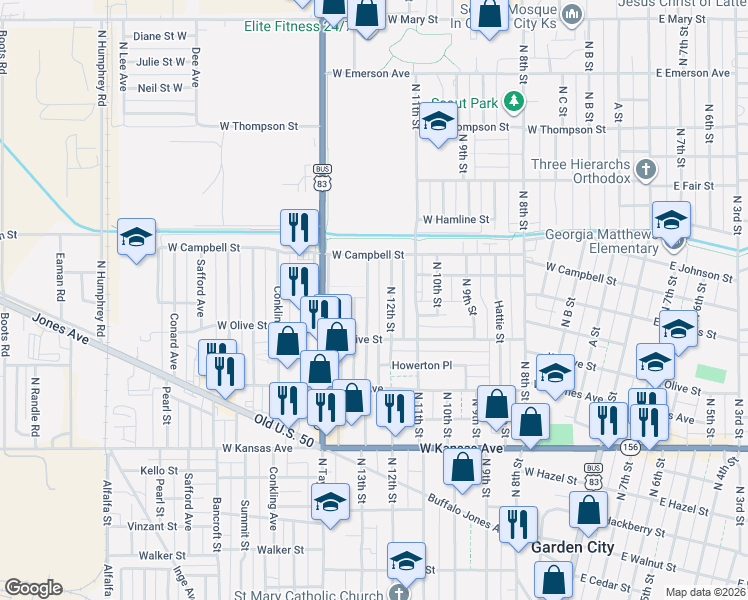 map of restaurants, bars, coffee shops, grocery stores, and more near 1520 N 13th St in Garden City
