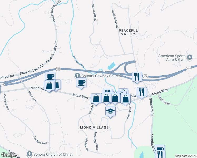map of restaurants, bars, coffee shops, grocery stores, and more near 14622 Peaceful Valley Rd in Sonora