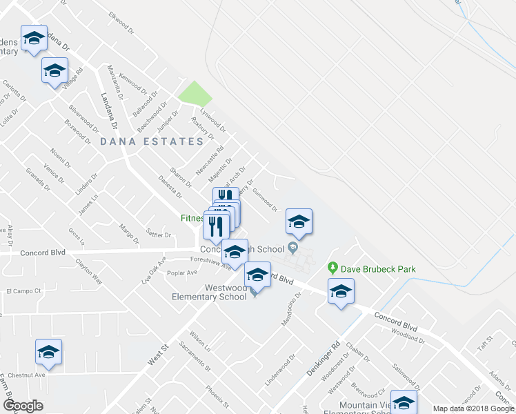 map of restaurants, bars, coffee shops, grocery stores, and more near 1740 Lemonwood Drive in Concord