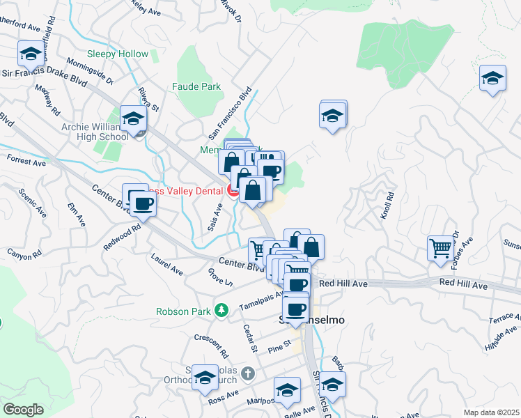 map of restaurants, bars, coffee shops, grocery stores, and more near 100 Shaw Drive in San Anselmo