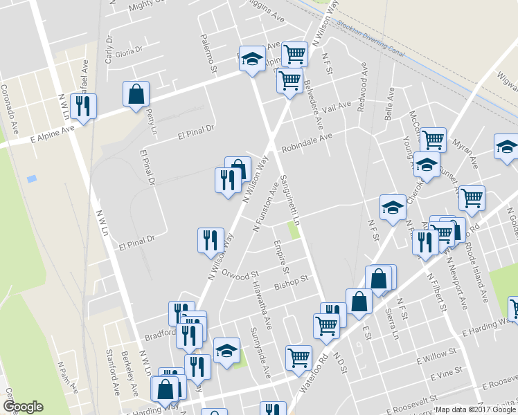 map of restaurants, bars, coffee shops, grocery stores, and more near 2235 North Funston Avenue in Stockton