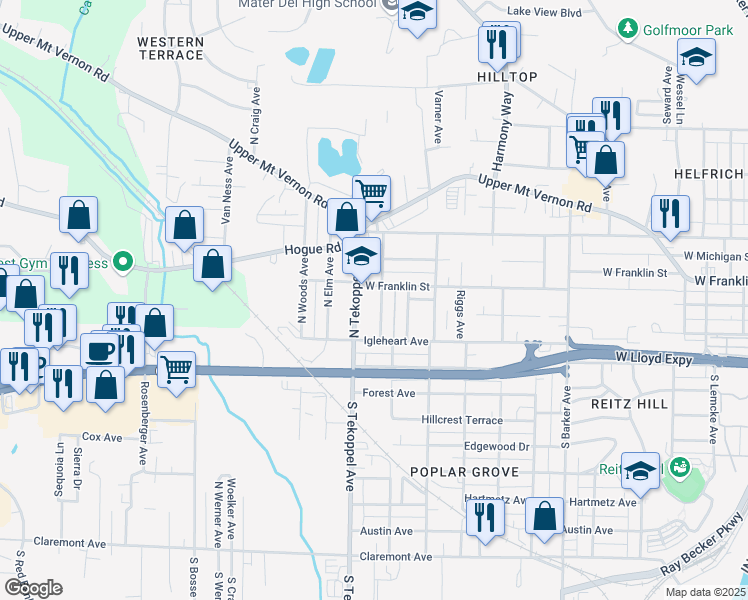 map of restaurants, bars, coffee shops, grocery stores, and more near 111 North Tekoppel Avenue in Evansville