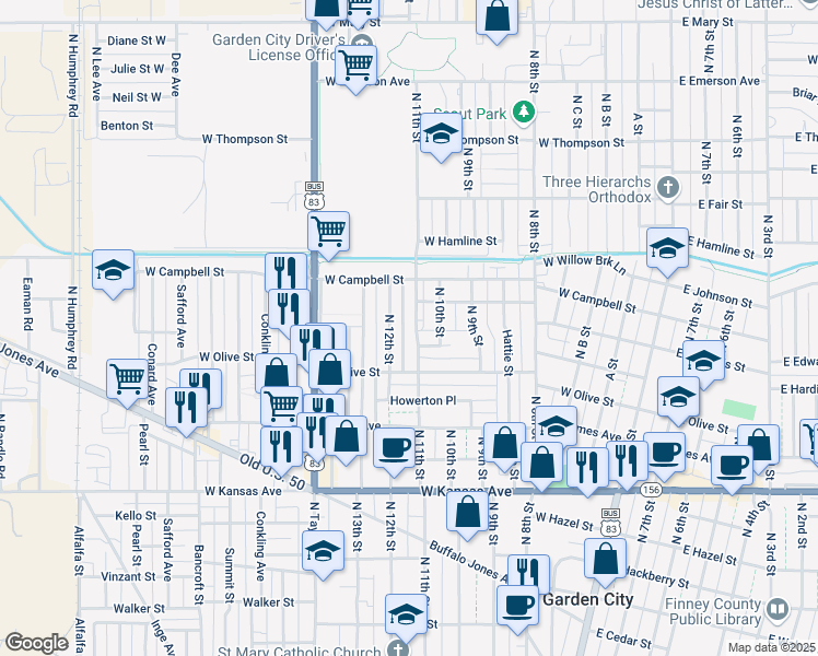 map of restaurants, bars, coffee shops, grocery stores, and more near 1607 N 11th St in Garden City