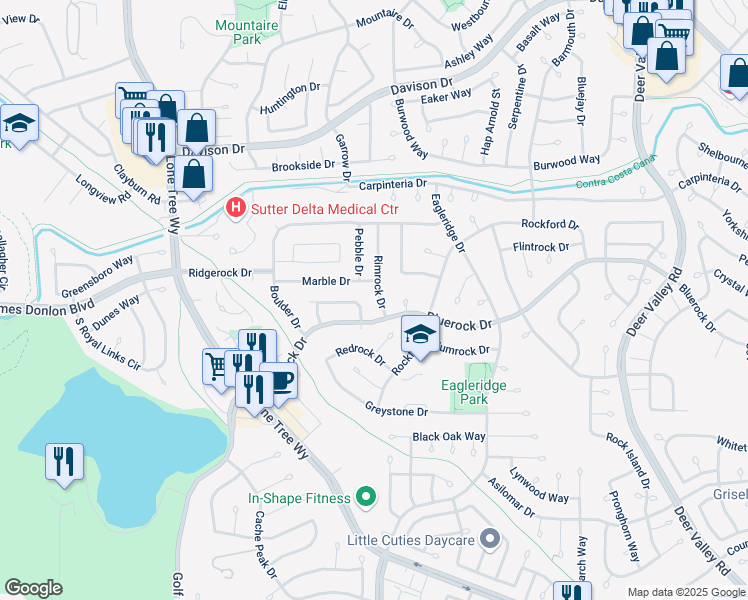 map of restaurants, bars, coffee shops, grocery stores, and more near 4012 Rimrock Drive in Antioch