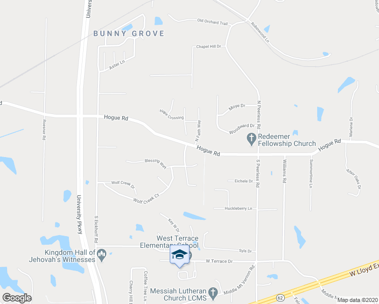 map of restaurants, bars, coffee shops, grocery stores, and more near 6 South Faith Way in Evansville