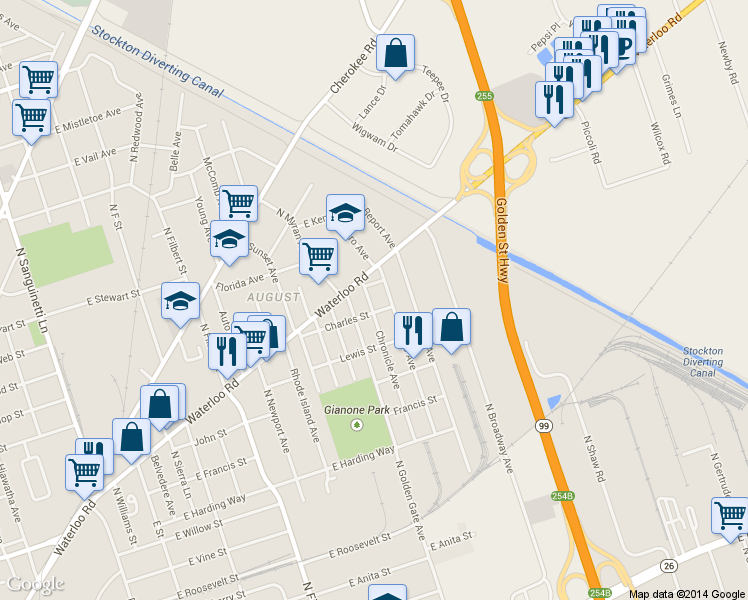map of restaurants, bars, coffee shops, grocery stores, and more near 1820 Chronicle Avenue in Stockton