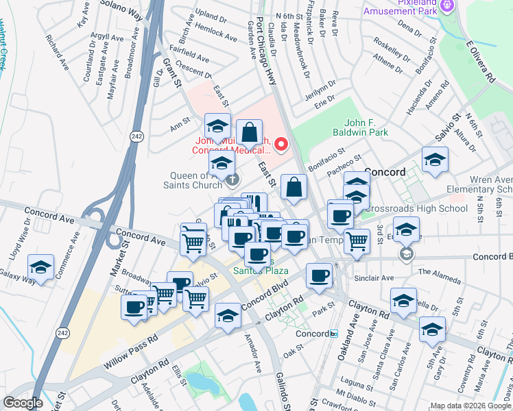 map of restaurants, bars, coffee shops, grocery stores, and more near 2189 Colfax Street in Concord