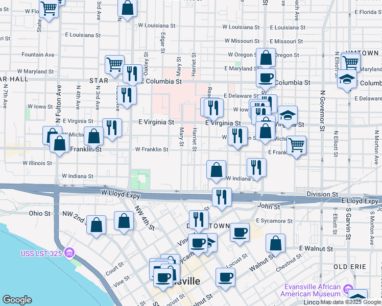 map of restaurants, bars, coffee shops, grocery stores, and more near 220 Harriet Street in Evansville