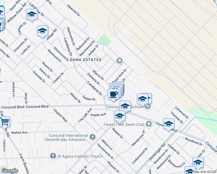 map of restaurants, bars, coffee shops, grocery stores, and more near 1757 Sharon Drive in Concord