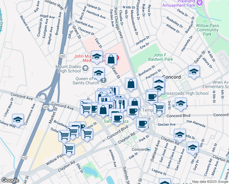 map of restaurants, bars, coffee shops, grocery stores, and more near 2189 Colfax Street in Concord