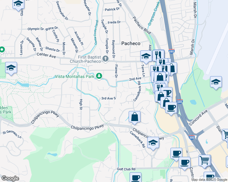 map of restaurants, bars, coffee shops, grocery stores, and more near 158 Flame Drive in Pleasant Hill