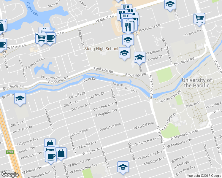 map of restaurants, bars, coffee shops, grocery stores, and more near 1705 Del Rio Drive in Stockton