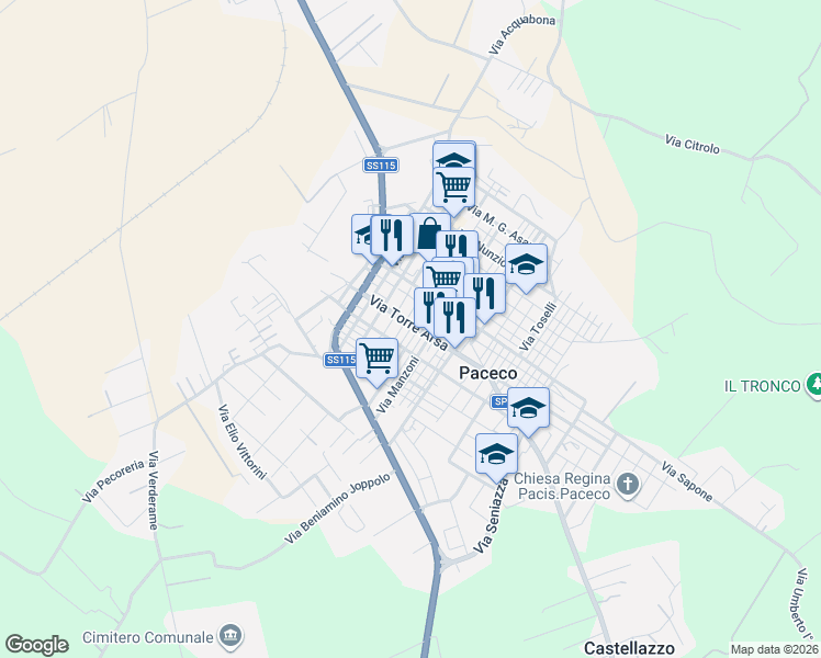 map of restaurants, bars, coffee shops, grocery stores, and more near 28-31 Via Giacomo Leopardi in Paceco