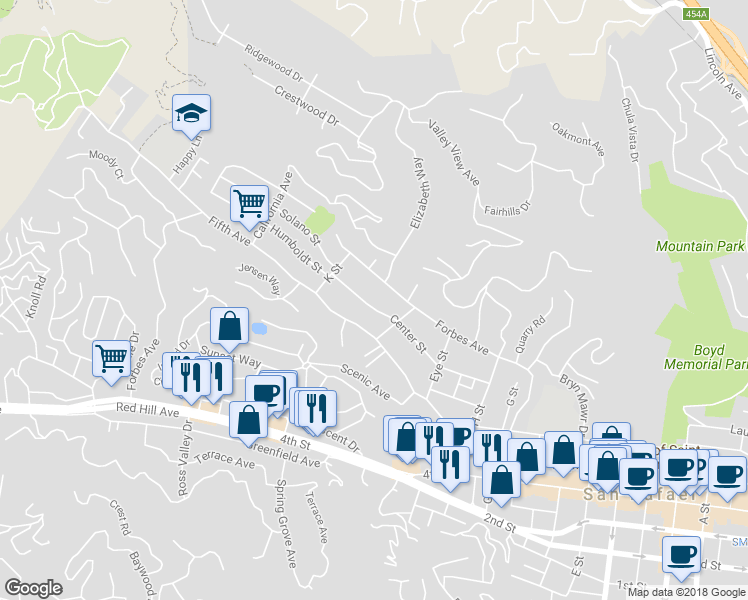 map of restaurants, bars, coffee shops, grocery stores, and more near 232 Center Street in San Rafael