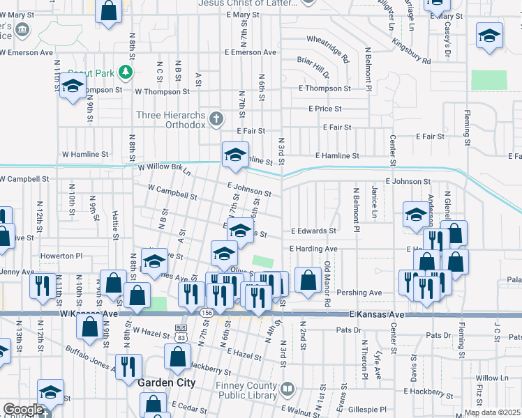 map of restaurants, bars, coffee shops, grocery stores, and more near 303 East Campbell Street in Garden City