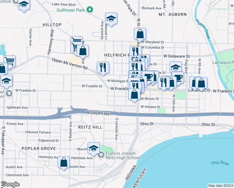 map of restaurants, bars, coffee shops, grocery stores, and more near 2527 West Illinois Street in Evansville