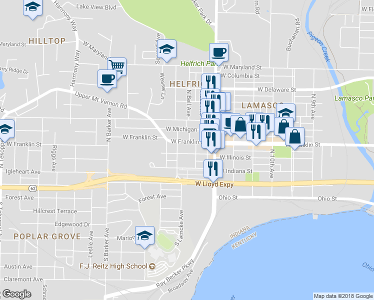 map of restaurants, bars, coffee shops, grocery stores, and more near 2515 West Illinois Street in Evansville