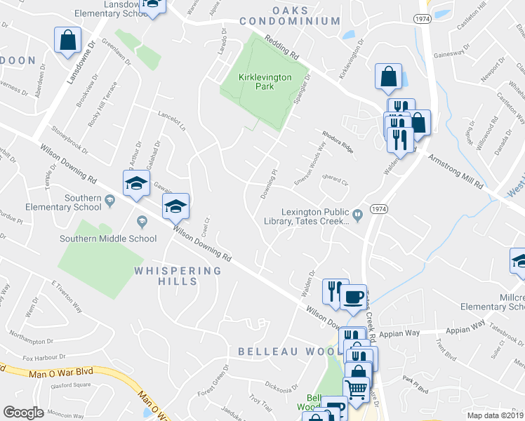 map of restaurants, bars, coffee shops, grocery stores, and more near 3361 Downing Place in Lexington