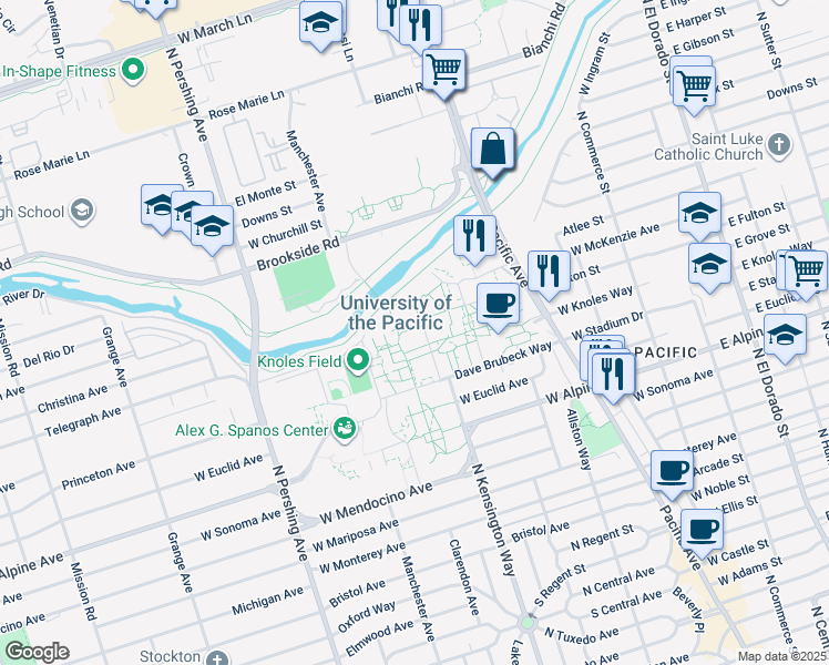 map of restaurants, bars, coffee shops, grocery stores, and more near 3601 Pacific Ave in Stockton