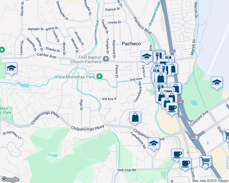 map of restaurants, bars, coffee shops, grocery stores, and more near 158 Flame Drive in Pleasant Hill