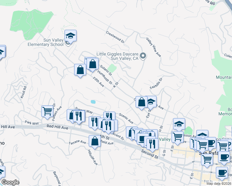 map of restaurants, bars, coffee shops, grocery stores, and more near 2062 Fifth Avenue in San Rafael