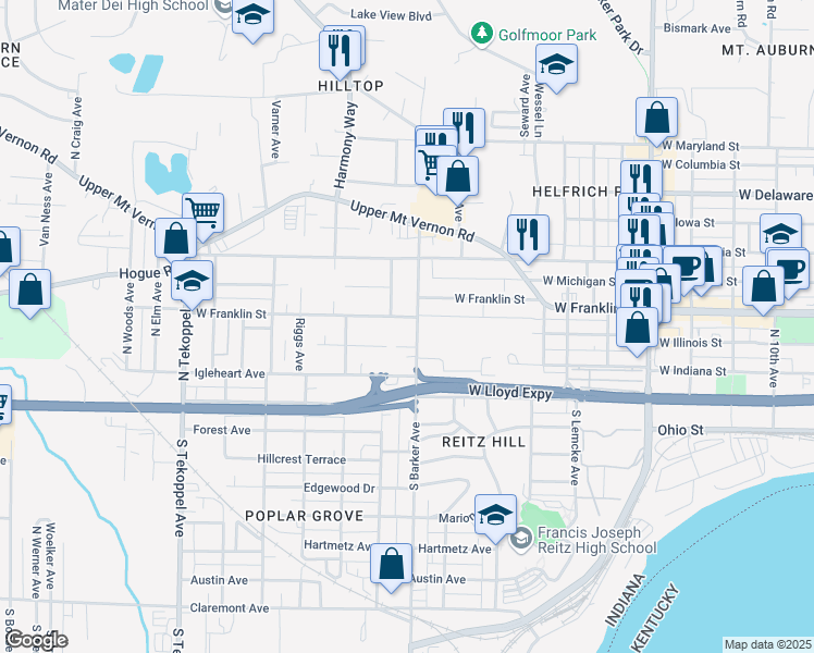 map of restaurants, bars, coffee shops, grocery stores, and more near 2910 West Franklin Street in Evansville