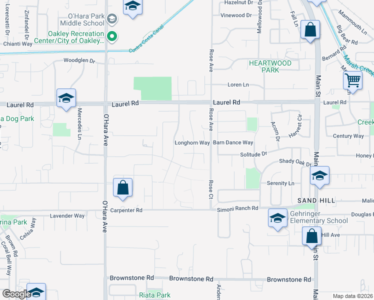 map of restaurants, bars, coffee shops, grocery stores, and more near 20 Riverwood Court in Oakley
