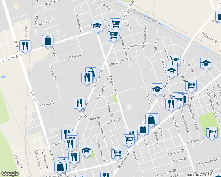 map of restaurants, bars, coffee shops, grocery stores, and more near 2146 East Jersey Street in Stockton