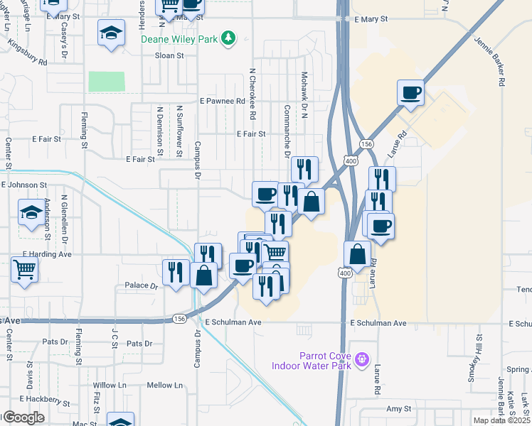 map of restaurants, bars, coffee shops, grocery stores, and more near 2401 East Kansas Avenue in Garden City